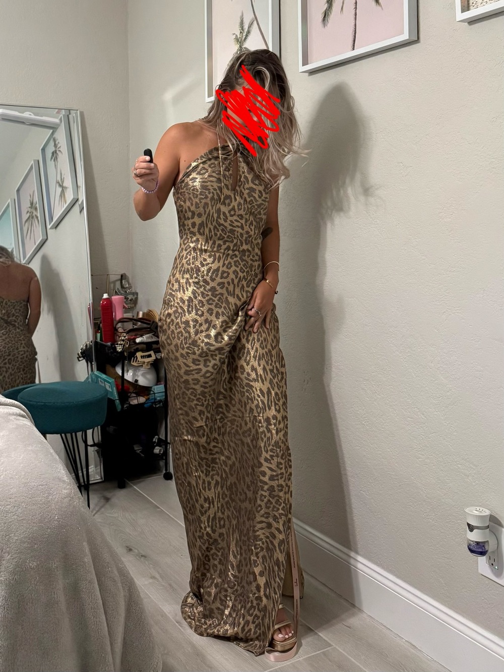 Lulu's Gold Leopard Satin Strapless Maxi Dress - Picture 2 of 6